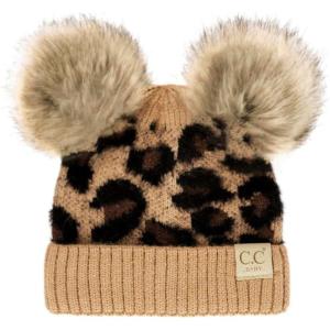 imageCC Kids Babies Soft Stretch Cable Knit Faux Fur Pom Pom Beanie HatLeopard Latte