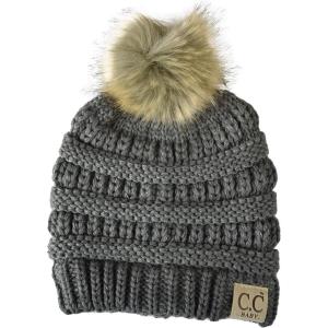imageCC Kids Babies Soft Stretch Cable Knit Faux Fur Pom Pom Beanie HatLight Melange Gray