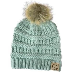 imageCC Kids Babies Soft Stretch Cable Knit Faux Fur Pom Pom Beanie HatMint