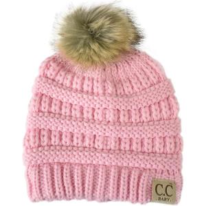 imageCC Kids Babies Soft Stretch Cable Knit Faux Fur Pom Pom Beanie HatPale Pink