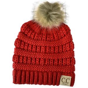 imageCC Kids Babies Soft Stretch Cable Knit Faux Fur Pom Pom Beanie HatRed