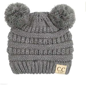 imageCC Kids Babies Soft Stretch Cable Knit Faux Fur Pom Pom Beanie HatSolid Light Melange Gray