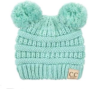imageCC Kids Babies Soft Stretch Cable Knit Faux Fur Pom Pom Beanie HatSolid Mint