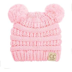imageCC Kids Babies Soft Stretch Cable Knit Faux Fur Pom Pom Beanie HatSolid Pale Pink