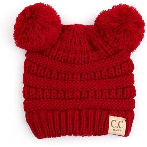 imageCC Kids Babies Soft Stretch Cable Knit Faux Fur Pom Pom Beanie HatSolid Red
