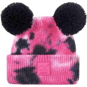 imageCC Kids Babies Soft Stretch Cable Knit Faux Fur Pom Pom Beanie HatTie Dye BlackHot Pink