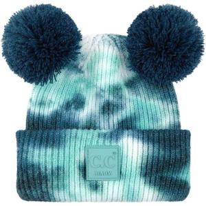 imageCC Kids Babies Soft Stretch Cable Knit Faux Fur Pom Pom Beanie HatTie Dye Deep TealSeagreen