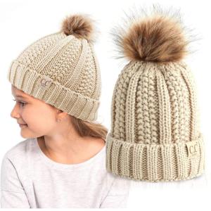 imageCC Kids Beanie Ages 25 Warm Chunky Thick Stretchy Knit Slouch Beanie Skull Kids Hat with PomBeige