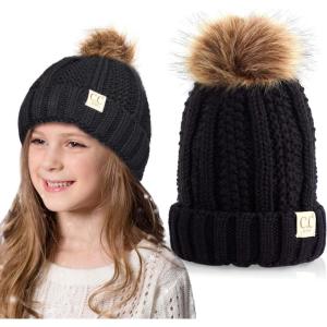imageCC Kids Beanie Ages 25 Warm Chunky Thick Stretchy Knit Slouch Beanie Skull Kids Hat with PomBlack