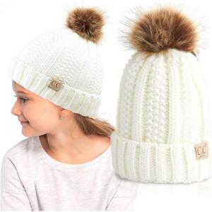 imageCC Kids Beanie Ages 25 Warm Chunky Thick Stretchy Knit Slouch Beanie Skull Kids Hat with PomIvory