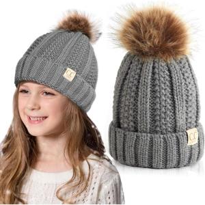 imageCC Kids Beanie Ages 25 Warm Chunky Thick Stretchy Knit Slouch Beanie Skull Kids Hat with PomLt Mel Grey