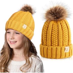 imageCC Kids Beanie Ages 25 Warm Chunky Thick Stretchy Knit Slouch Beanie Skull Kids Hat with PomMustard