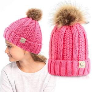 imageCC Kids Beanie Ages 25 Warm Chunky Thick Stretchy Knit Slouch Beanie Skull Kids Hat with PomNew Candy Pink