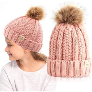 imageCC Kids Beanie Ages 25 Warm Chunky Thick Stretchy Knit Slouch Beanie Skull Kids Hat with PomPink