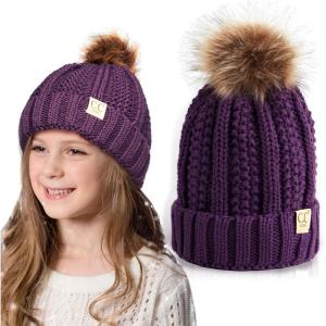 imageCC Kids Beanie Ages 25 Warm Chunky Thick Stretchy Knit Slouch Beanie Skull Kids Hat with PomPurple