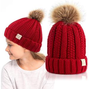 imageCC Kids Beanie Ages 25 Warm Chunky Thick Stretchy Knit Slouch Beanie Skull Kids Hat with PomRed