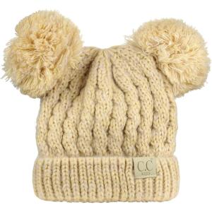 imageCC Kids Childrens Cable Knit Double Ear Pom Cuffed Beanie Cap HatTwo Tone Beige