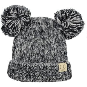 imageCC Kids Childrens Cable Knit Double Ear Pom Cuffed Beanie Cap HatTwo Tone Black