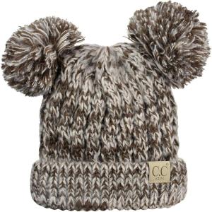 imageCC Kids Childrens Cable Knit Double Ear Pom Cuffed Beanie Cap HatTwo Tone Brown