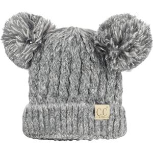 imageCC Kids Childrens Cable Knit Double Ear Pom Cuffed Beanie Cap HatTwo Tone Dark Grey