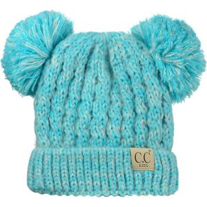 imageCC Kids Childrens Cable Knit Double Ear Pom Cuffed Beanie Cap HatTwo Tone Mint