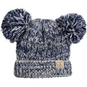 imageCC Kids Childrens Cable Knit Double Ear Pom Cuffed Beanie Cap HatTwo Tone Navy