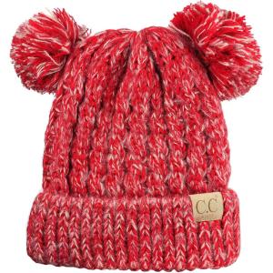 imageCC Kids Childrens Cable Knit Double Ear Pom Cuffed Beanie Cap HatTwo Tone Red