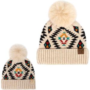 imageCC Mom and Baby Fur Pom Winter Fall Trendy Chunky Stretchy Cable Knit Beanie Hat SetAztec Beige