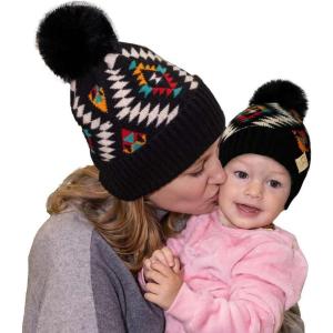 imageCC Mom and Baby Fur Pom Winter Fall Trendy Chunky Stretchy Cable Knit Beanie Hat SetAztec Black