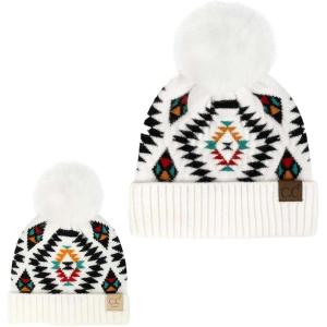 imageCC Mom and Baby Fur Pom Winter Fall Trendy Chunky Stretchy Cable Knit Beanie Hat SetAztec White