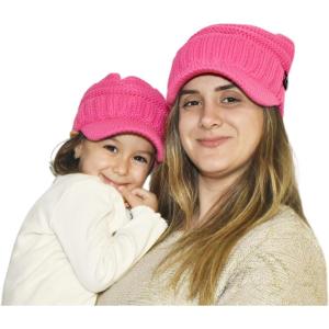 imageCC Mommy and Me Beanies Women Kids Toddler Infant Mom and Baby Matching Christmas Outfits Winter Visor BrimAdult  Toddler  Candy Pink