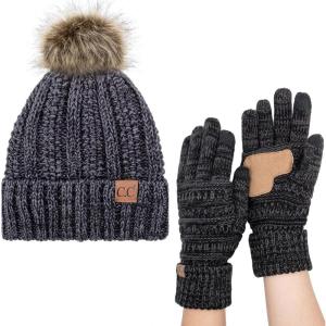 imageCC Pom Cable Knit Beanie and Glove Set23 BlackGray
