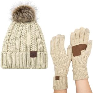 imageCC Pom Cable Knit Beanie and Glove SetBeige