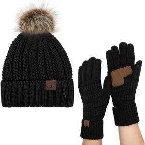 imageCC Pom Cable Knit Beanie and Glove SetBlack