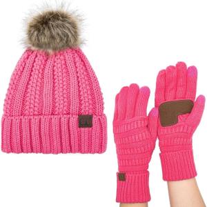 imageCC Pom Cable Knit Beanie and Glove SetCandy Pink