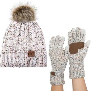 imageCC Pom Cable Knit Beanie and Glove SetConfetti Ivory