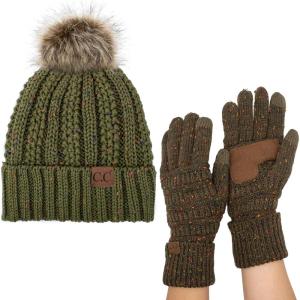 imageCC Pom Cable Knit Beanie and Glove SetConfetti Olive