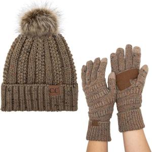 imageCC Pom Cable Knit Beanie and Glove SetConfetti Taupe