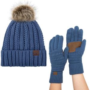 imageCC Pom Cable Knit Beanie and Glove SetDk Denim