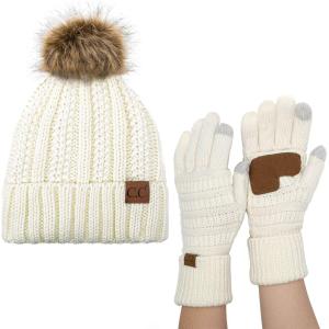 imageCC Pom Cable Knit Beanie and Glove SetIvory