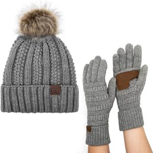 imageCC Pom Cable Knit Beanie and Glove SetLt Melange Gray