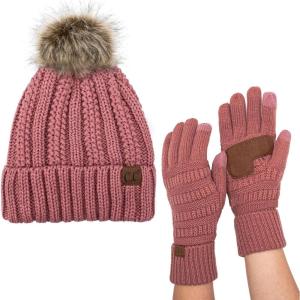imageCC Pom Cable Knit Beanie and Glove SetMauve