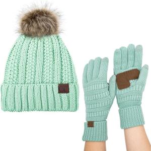 imageCC Pom Cable Knit Beanie and Glove SetMint