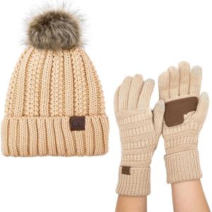 imageCC Pom Cable Knit Beanie and Glove SetNew Beige