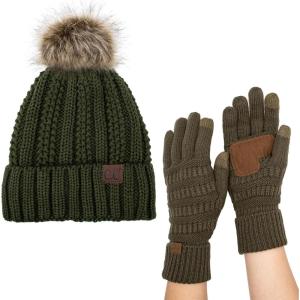 imageCC Pom Cable Knit Beanie and Glove SetNew Olive