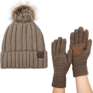 imageCC Pom Cable Knit Beanie and Glove SetTaupe