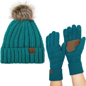 imageCC Pom Cable Knit Beanie and Glove SetTeal