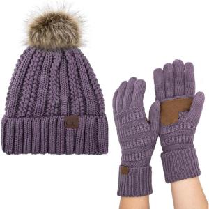 imageCC Pom Cable Knit Beanie and Glove SetViolet