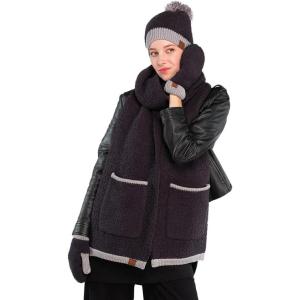 imageCC Sherpa Fleece Knit Beanie and Mittens Set Winter Accessories for Women Soft StretchyBlack