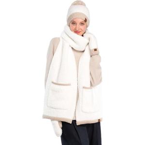 imageCC Sherpa Fleece Knit Beanie and Mittens Set Winter Accessories for Women Soft StretchyIvory